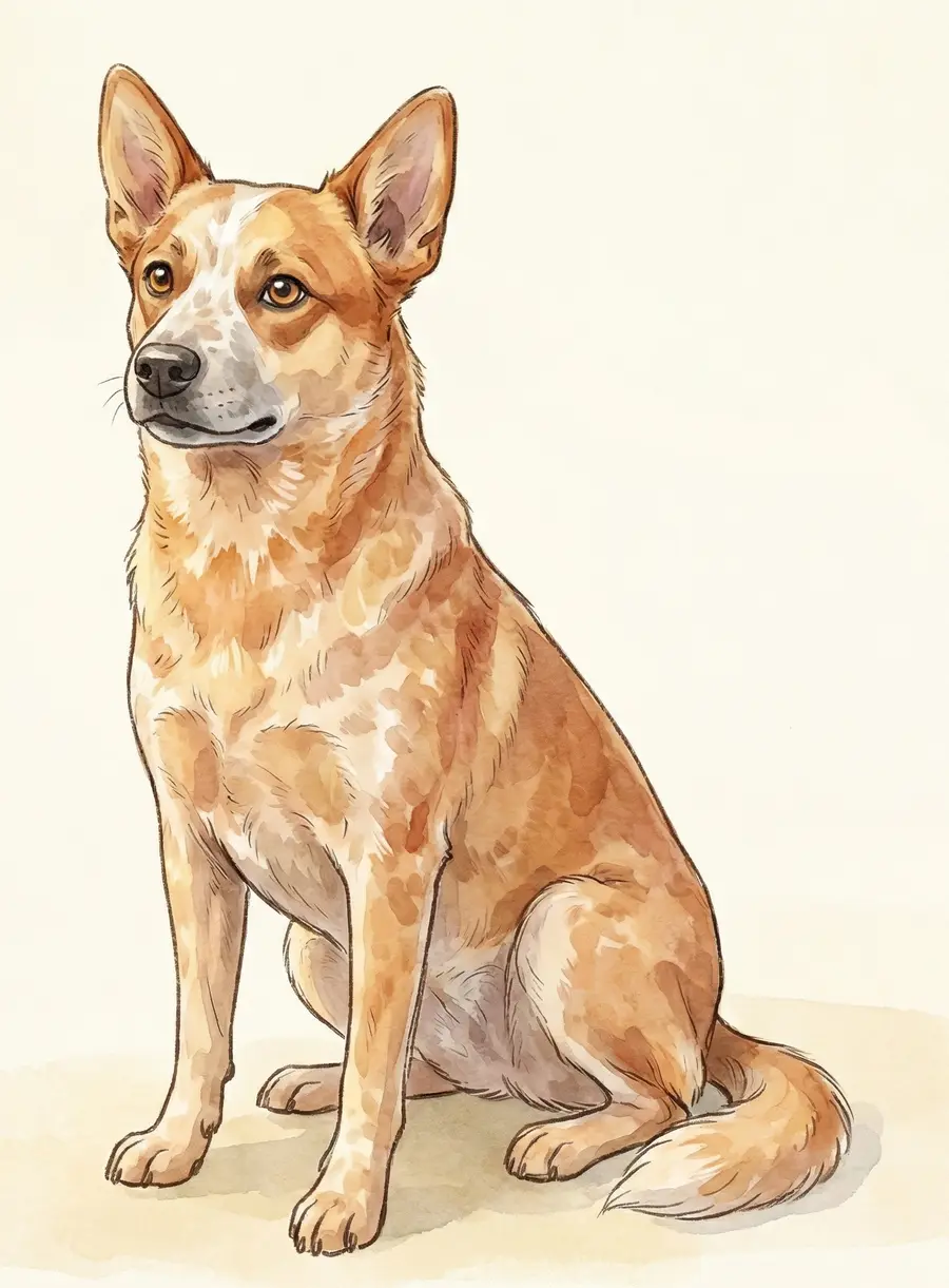 Watercolor illustration of Bee, a Red Heeler, sitting and looking up attentively.